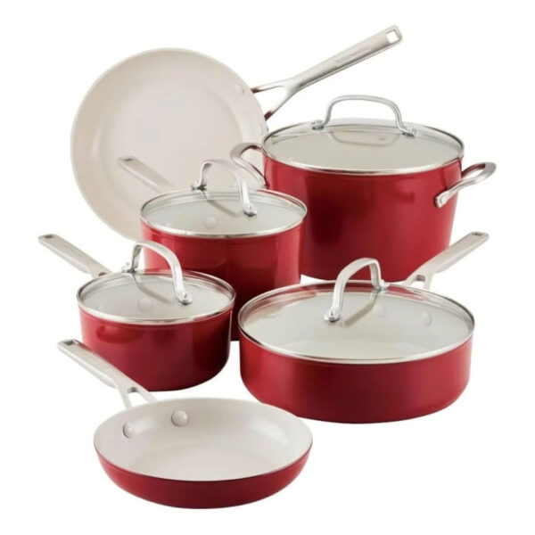 Set Ollas y Sartenes de 10 Piezas Cerámica Rojo KitchenAid