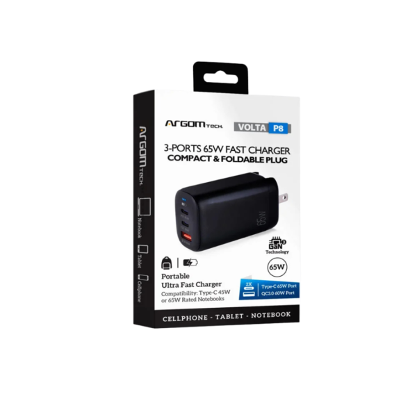 Cargador GaN III 65W Volta P8 con 2x USB-C + 1x USB-A Argom
